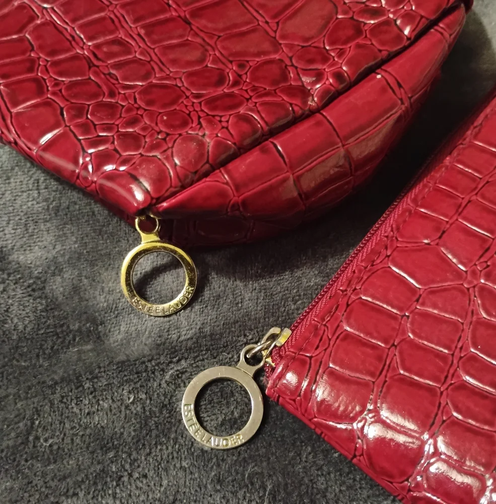 Estee Lauder Deep Red Croc Embossed Patent Toiletry Cosmetic Bags, Set of 2